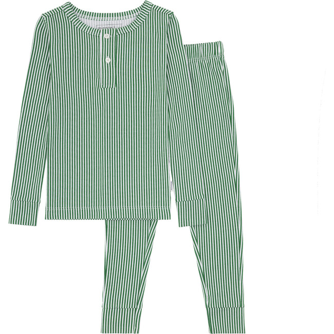 Striped Pima Henley Long Sleeve Top And Pants Pajamas Set, Hunter Green