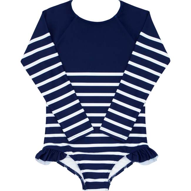 Breton Stripe Grosgrain Ribbon Back Tie One-Piece Rashguard, Navy
