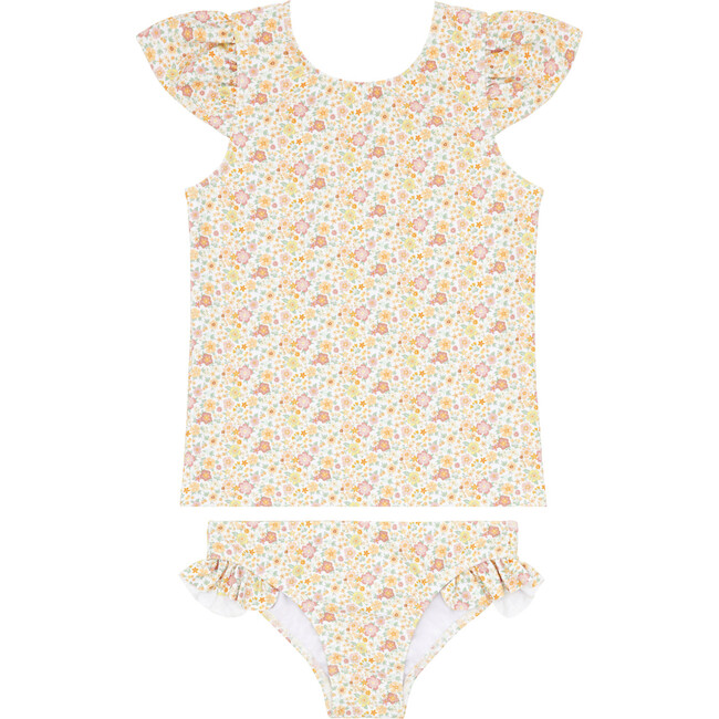 Marigold Floral Print Short Cup Sleeve Rashguard And Bikini Bottom Set, Yellow
