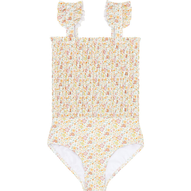 Marigold Floral Print Smocked Ruffle Strap Square Neck One-Piece, Yellow