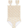 Marigold Floral Print Smocked Ruffle Strap Square Neck One-Piece, Yellow - One Pieces - 1 - thumbnail