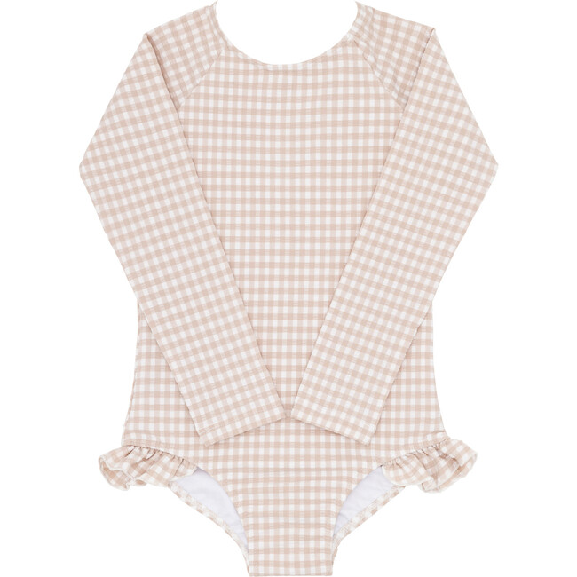 Crinkle Gingham Print Long Sleeve Ribbon Back Tie Rashguard One-Piece, Brown
