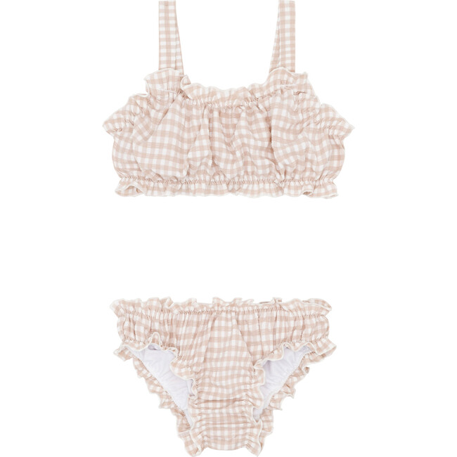 Crinkle Gingham Print Ruffle Trim Gathered Top And Bottom Bikini, Brown