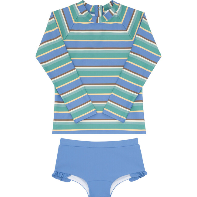 Costa Striped Long Sleeve UPF 50+ Rashguard And Bikini Bottom Set, Blue