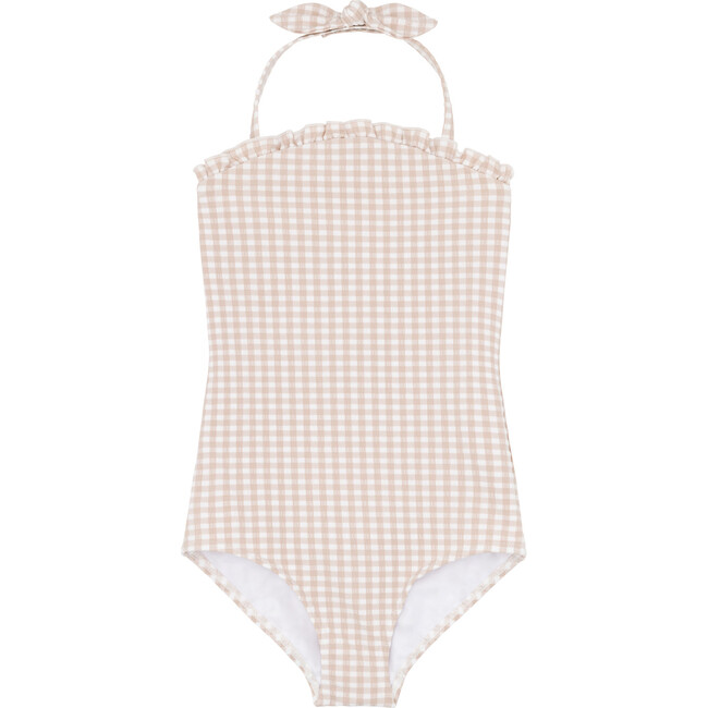 Crinkle Gingham Print Lined Adjustable Halter Tie One-Piece, Brown