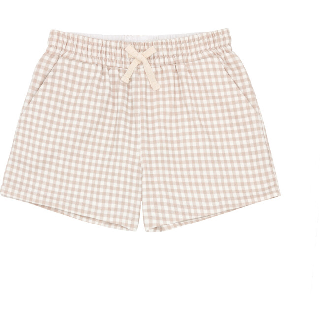 Boys Gingham Print Twill Elastic Waistband Drawstring Short, Brown