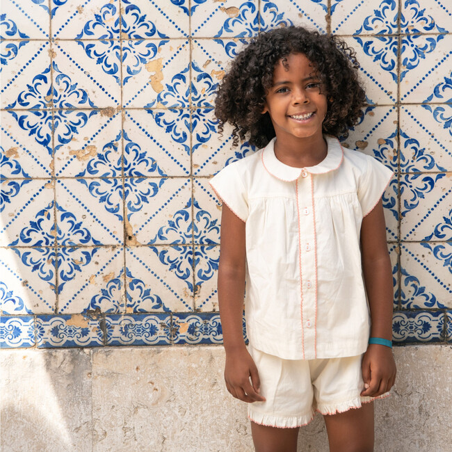 Girls Pintuck Ruffle Collar Short Sleeve Top And Pull-On Short Set, Cream