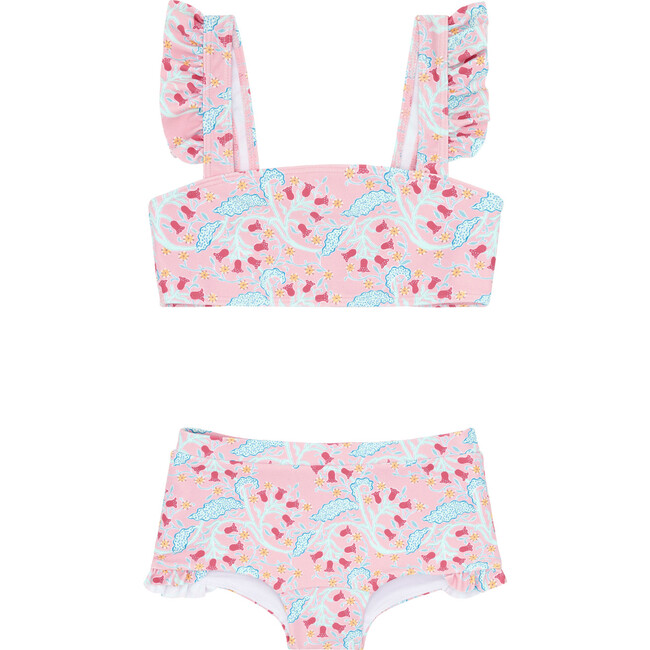 Bluebells Print Ruffle Strap Bandeau Bikini Top And Swim Shorts, Pink