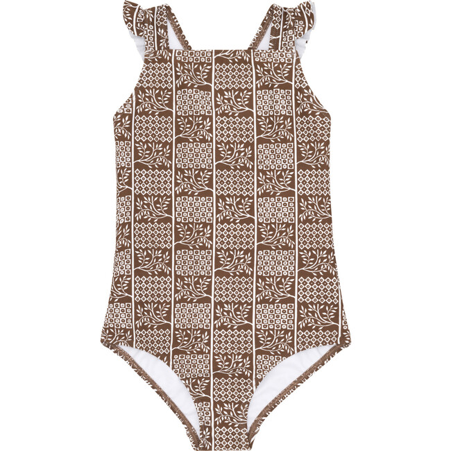 Checker Tree Print Lined Ruffle Straps Crossover Back One-Piece, Brown