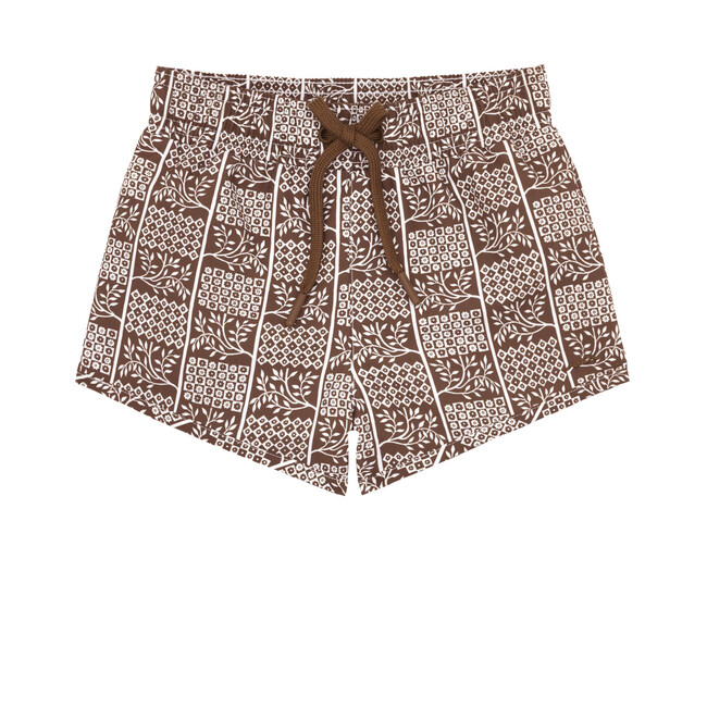 Boys Checker Tree Print Elastic Waistband Drawstring Pocket Boardie, Brown
