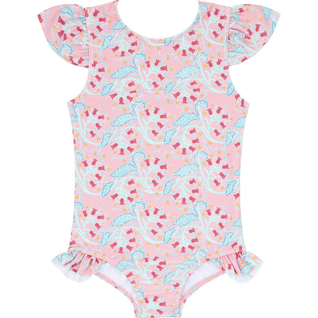Bluebells Print Ruffle Cup Sleeve Ribbon Tie Rashguard One-Piece, Pink