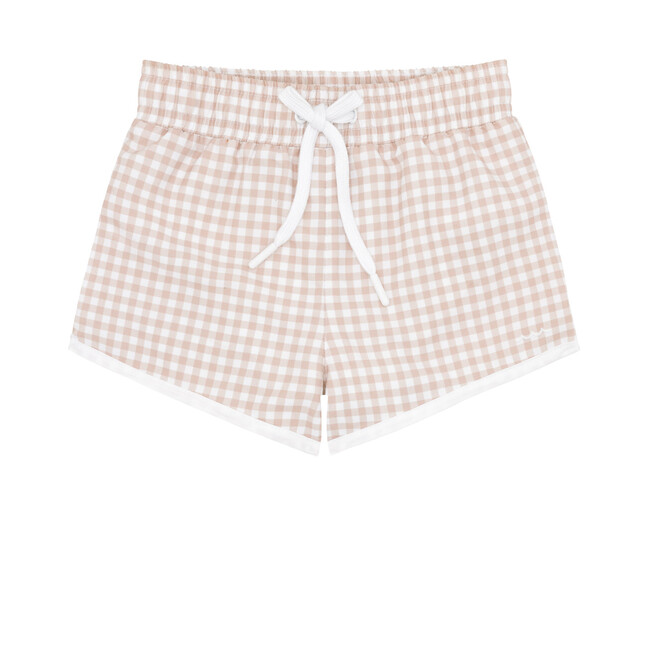 Boys Gingham Print Elastic Waistband Drawstring Pocket Boardie, Brown - Swim Trunks - 1