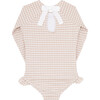 Crinkle Gingham Print Long Sleeve Ribbon Back Tie Rashguard One-Piece, Brown - One Pieces - 5