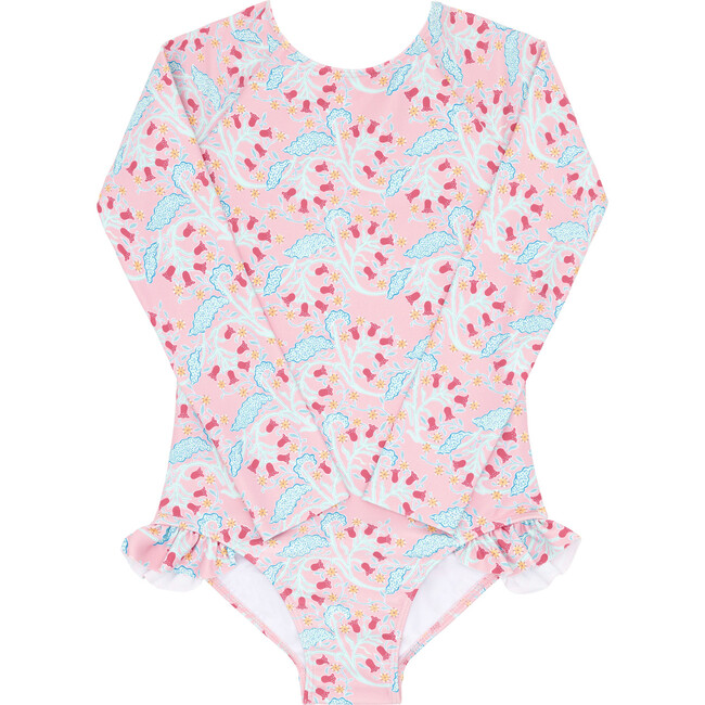 Bluebells Print Long Sleeve Ribbon Back Tie Rashguard One-Piece, Pink