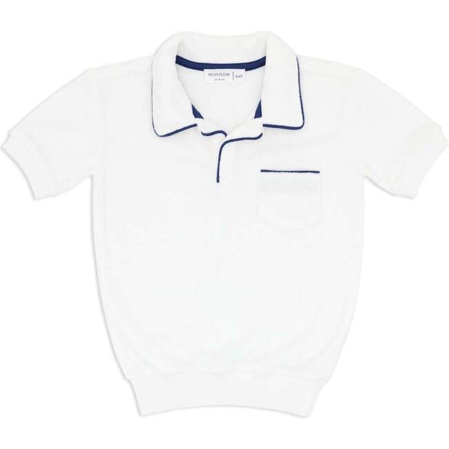 Unisex White French Terry Polo With Navy Trim - Polo Shirts - 1