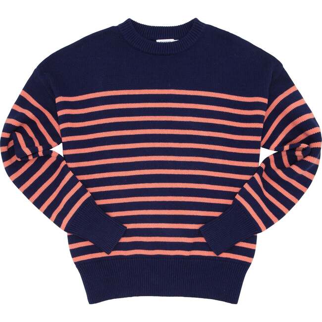 Women's Knit Sweater, Navy And Dusty Red Stripe - Sweaters - 1