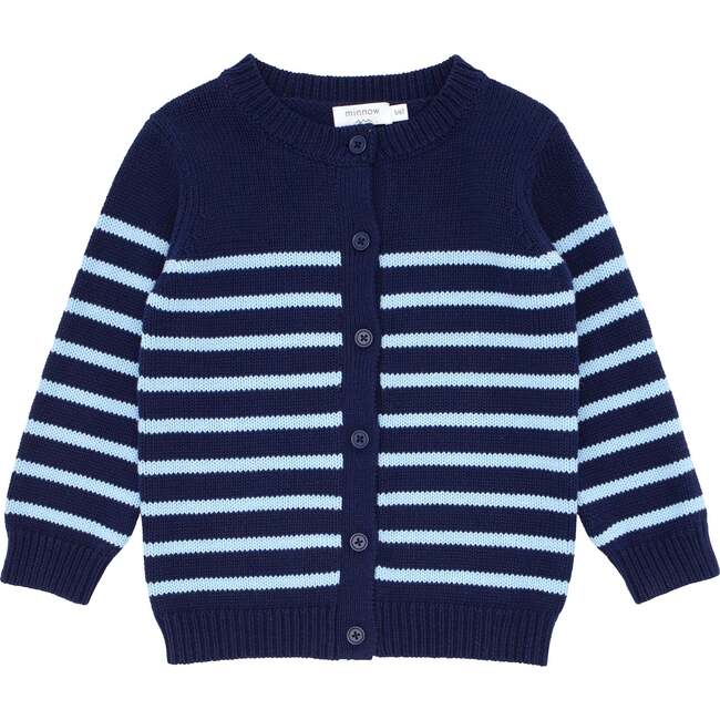 Knit Cardigan, Navy With Peri Stripe - Cardigans - 1