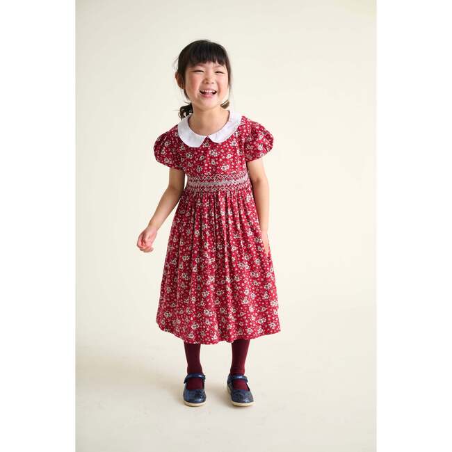 Smocked Girls Dress Magritte, Red Floral - Dresses - 2