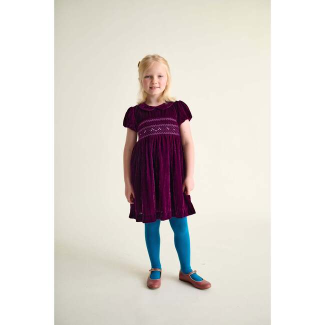 Smocked Girls Party Dress Janey, Burgundy Velvet - Dresses - 2