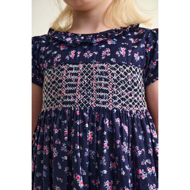 Smocked Girls Dress Mary, Navy Floral - Dresses - 3
