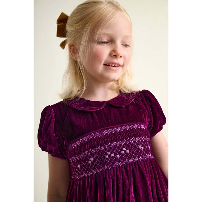 Smocked Girls Party Dress Janey, Burgundy Velvet - Dresses - 3