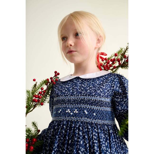 Smocked Girls Dress Joan, Navy Floral - Dresses - 3