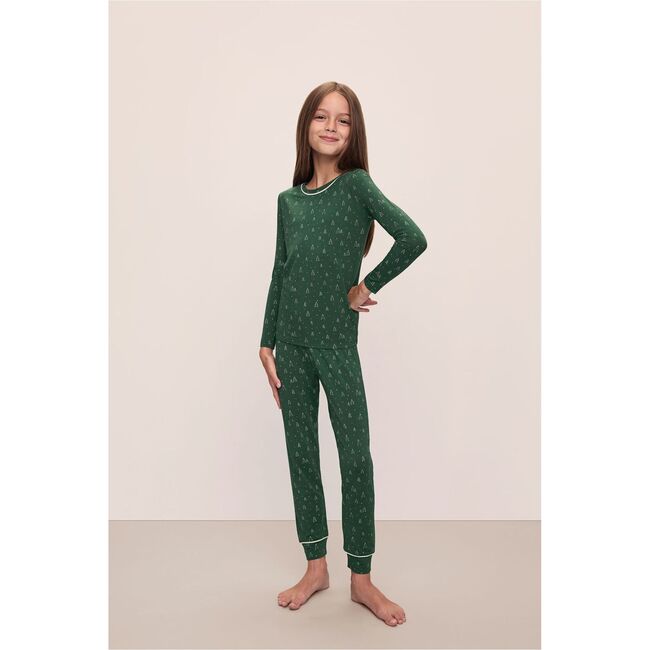 Kids Printed TENCEL™ Modal Unisex Long PJ Set, WINTERPINE FOREST GREEN/IVORY