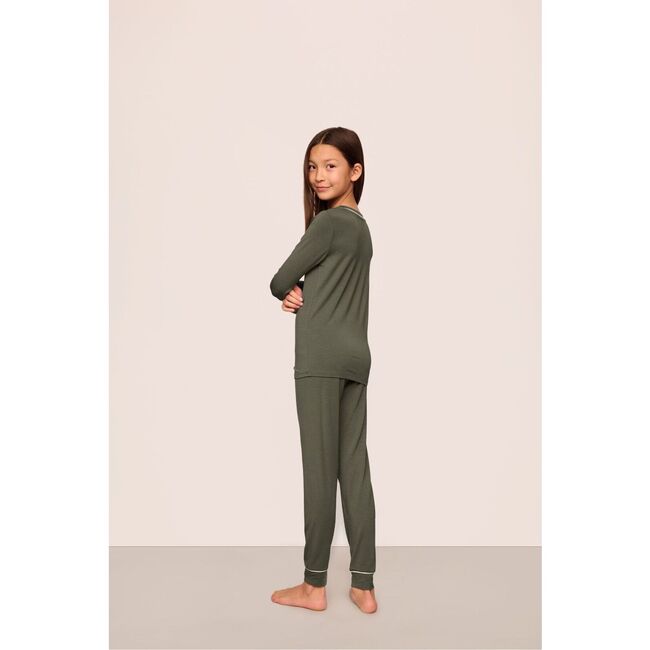 Kids TENCEL™ Modal Unisex Long PJ Set, SMOKEY OLIVE/IVORY - Pajamas - 3