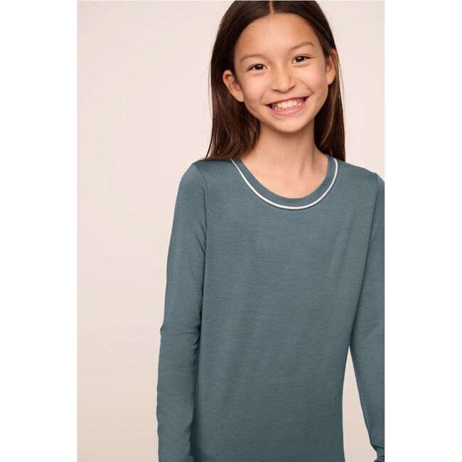 Kids TENCEL™ Modal Unisex Long PJ Set, STONE BLUE/IVORY - Pajamas - 2