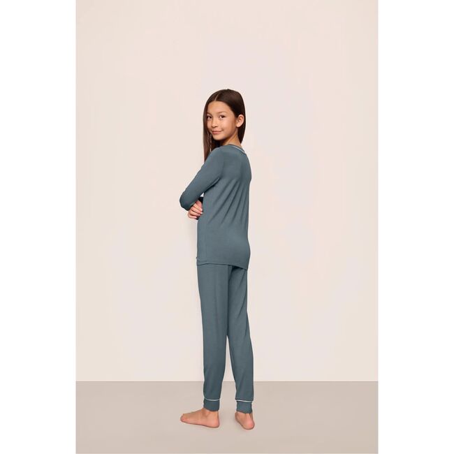 Kids TENCEL™ Modal Unisex Long PJ Set, STONE BLUE/IVORY - Pajamas - 3
