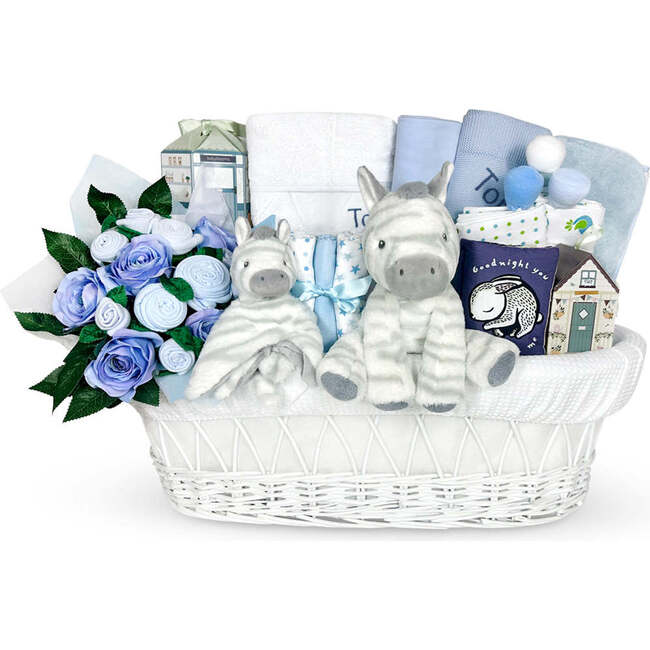 Personalized Zachery Zebra Moses Basket Baby Hamper, Blue