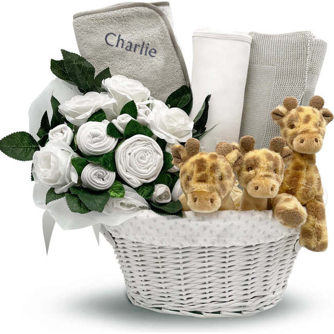 Personalized Three Little Giraffes Luxury New Baby Hamper, White - Mixed Apparel Set - 1