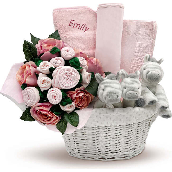 Personalized Three Little Zebras Luxury New Baby Hamper, Pink