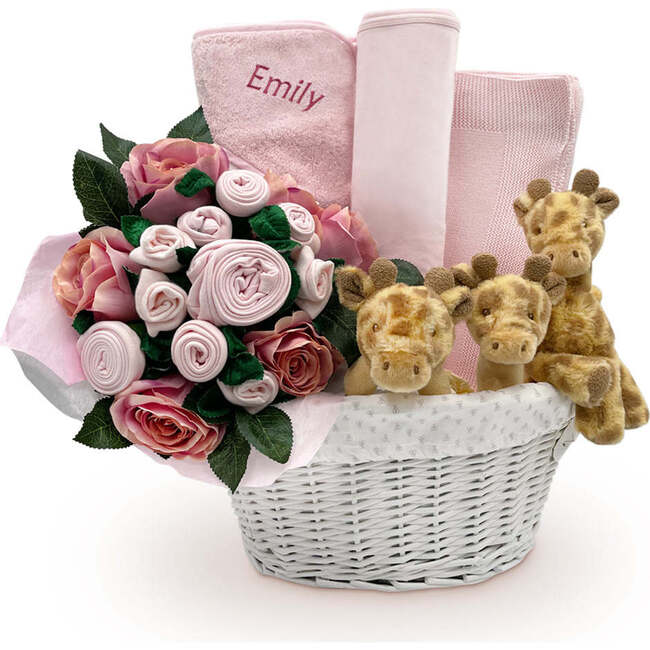 Personalized Three Little Giraffes Luxury New Baby Hamper, Pink