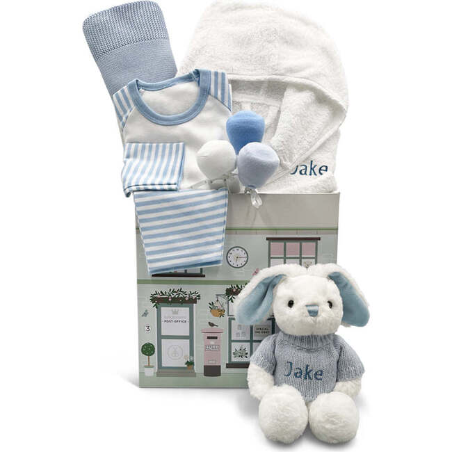 Little Bunny Sleepy Time Hamper, Blue, 0-12 Months with White Personalized Bathrobe
