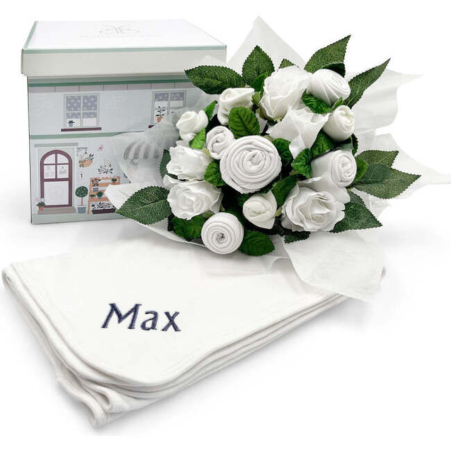 Hand Tied Baby Clothes Bouquet With Personalized Snuggle Wrap, White