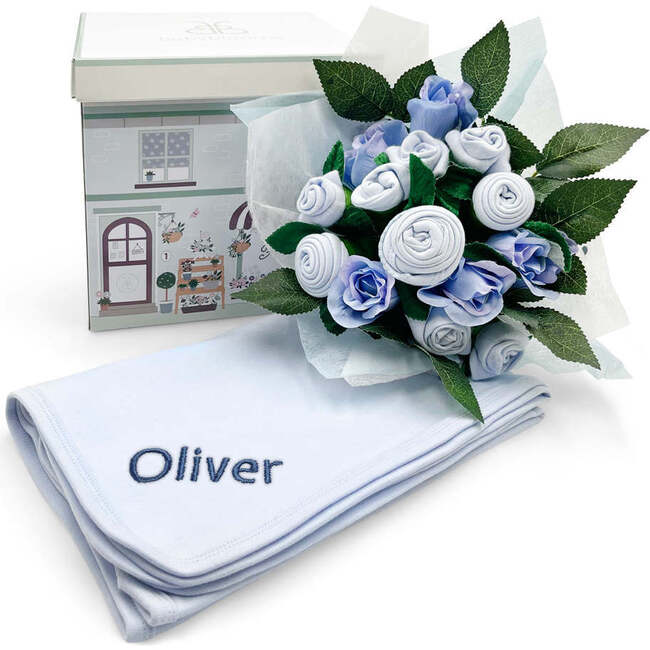 Hand Tied Baby Clothes Bouquet With Personalized Snuggle Wrap, Blue
