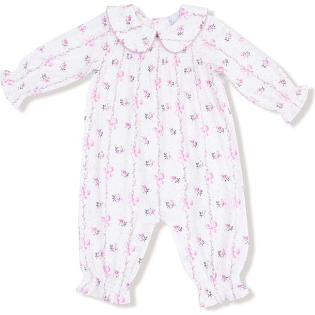 Smocked Long Sleeve Romper with Peter Pan Collar Dainty Buds and Bows Stripe