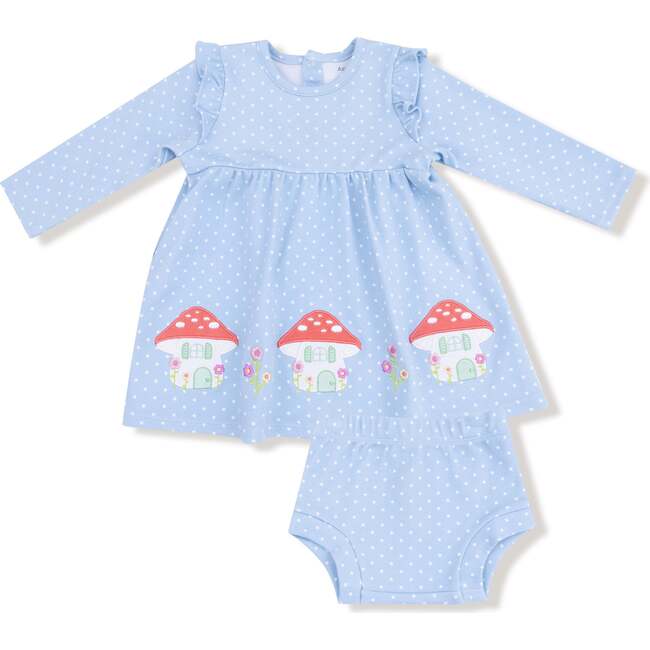 Mushroom House Long Sleeve Dress with Diaper Cover Bebe Blue Dot