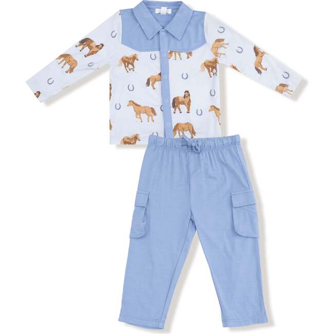 Cowboy Button Down and Pant Horses, Blue