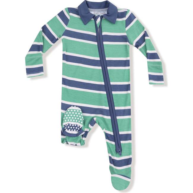 Polo 2 Way Zipper Footie, Green/Blue Stripe