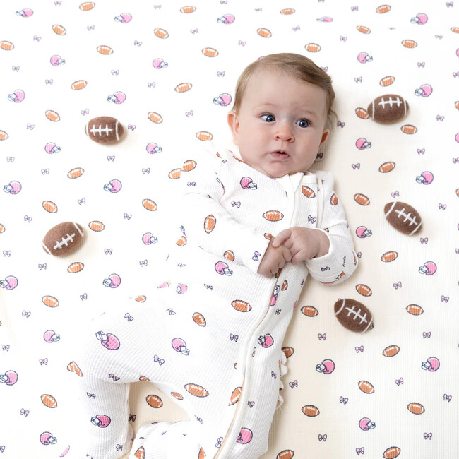 2 Way Zipper Ruffle Back Footie, Cream Football - Footie Pajamas - 2