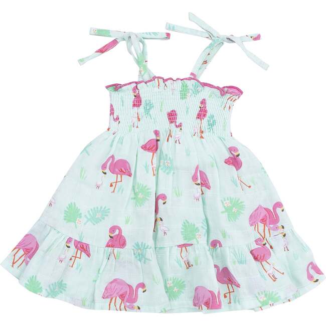 Tie Strap Smocked Sun Dresss, Flamingos - Dresses - 1
