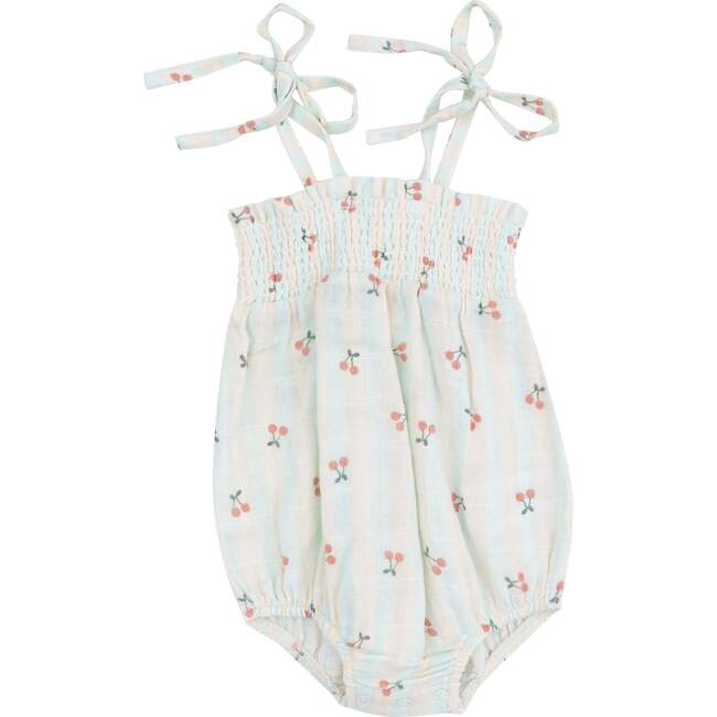 Tie Strap Smocked Bubble, Cherry Stripe - Rompers - 1