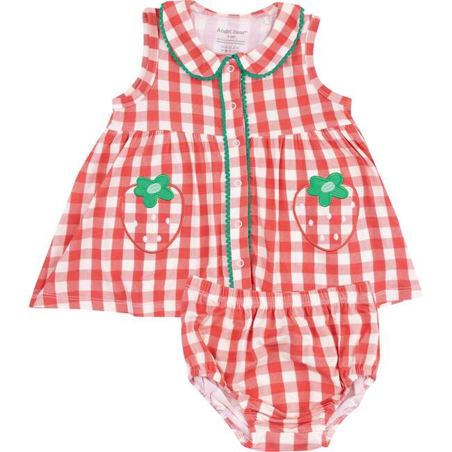 The Jill, Peter Pan Button Front Dress with Ric Rac Trim and Diaper Cover, Strawberry Gingham - Dresses - 1