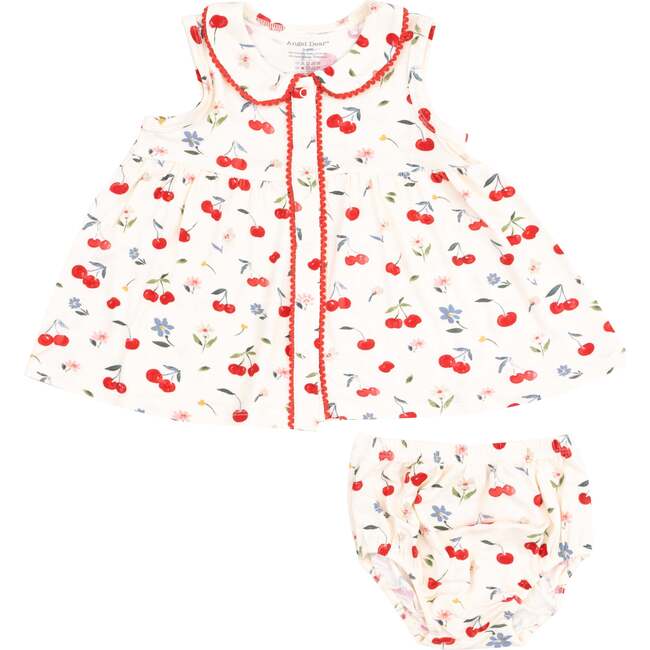 The Jill, Peter Pan Button Front Dress with Ric Rac Trim and Diaper Cover , Watercolor Cherries - Dresses - 1