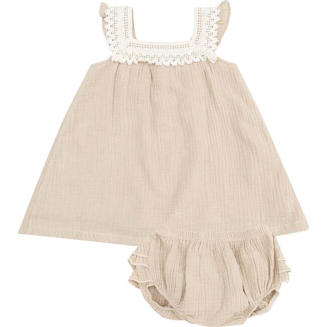 Sundress with Heart Crochet, Solid Muslin Oxford Tan and Diaper Cover - Dresses - 1