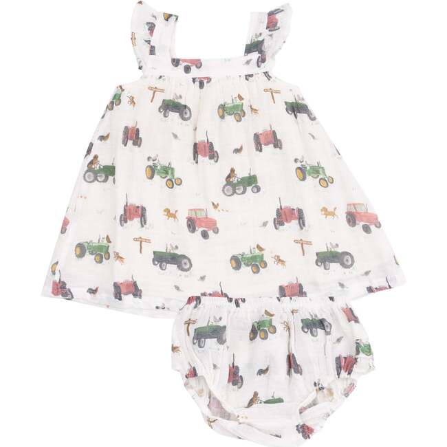 Sundress & Diaper Cover, Tractors and Friends Pink - Dresses - 1