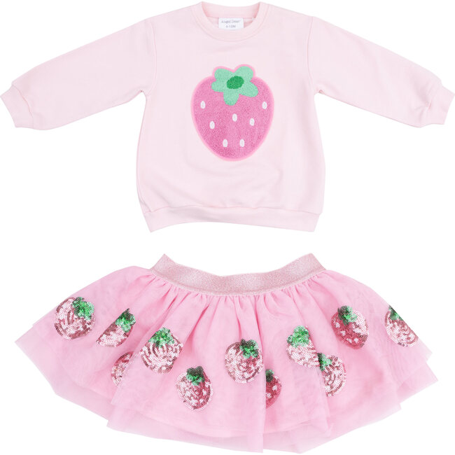 Strawberry Puffy Oversized Sweatshirt & Tutu Skirt, Pink - Mixed Apparel Set - 1