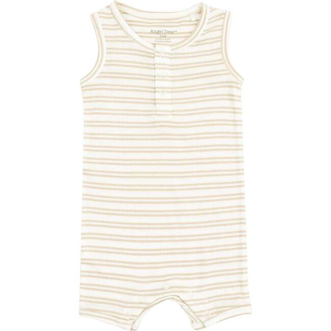 Sleeveless Shortie Romper, Stripe Oxford Tan - Rompers - 1